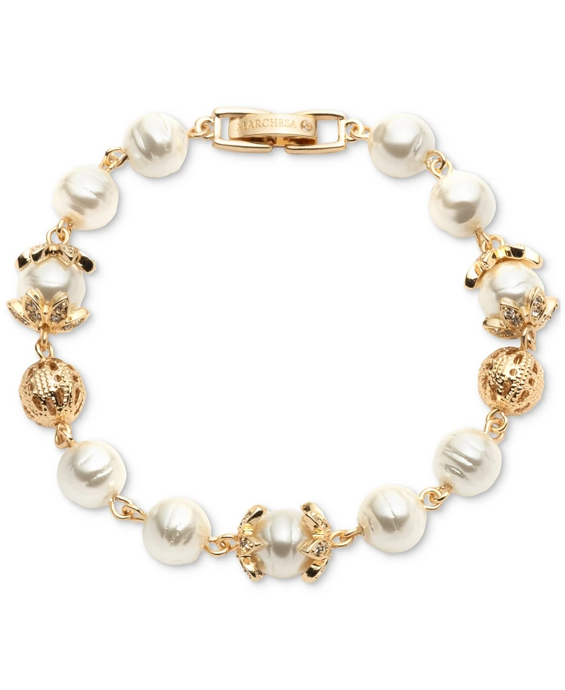 Marchesa Gold-Tone Imitation Pearl & Crystal Filigree Flex Link Bracelet