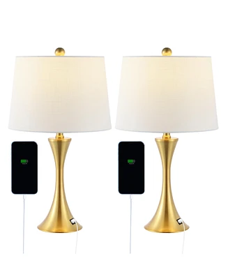 Jonathan Y Bennett 22.75" Modern Glam Iron Hourglass Led Table Lamp with Usb Charging Port, Nickel (Set of 2)