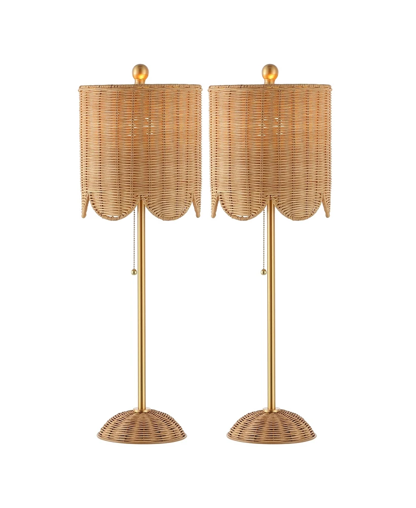 Jonathan Y Celerie 27.5" Coastal Bohemian Rattan/Iron Scalloped Buffet Led Table Lamp with Pull Chain, Natural/Brass Gold (Set of 2)