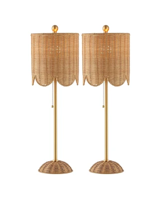 Jonathan Y Celerie 27.5" Coastal Bohemian Rattan/Iron Scalloped Buffet Led Table Lamp with Pull Chain, Natural/Brass Gold (Set of 2)