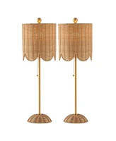 Jonathan Y Celerie 27.5" Coastal Bohemian Rattan/Iron Scalloped Buffet Led Table Lamp with Pull Chain, Natural/Brass Gold (Set of 2)