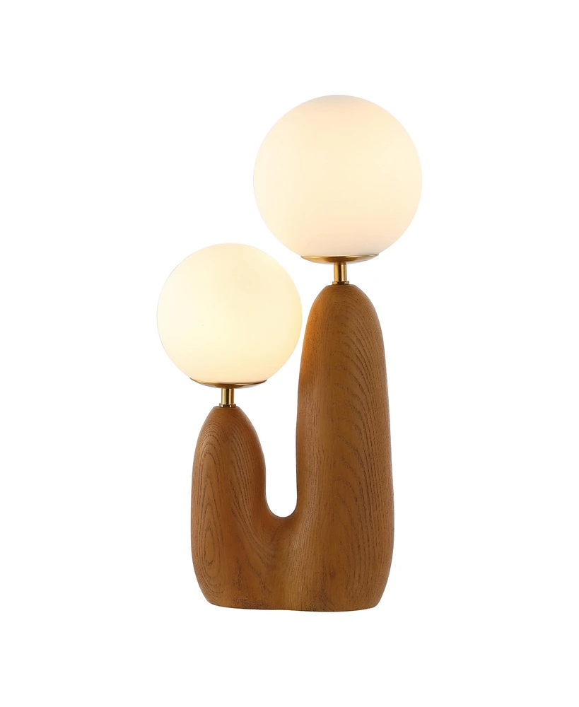 Jonathan Y Oda 17.75" 2-Light Modern Bohemian Resin/Iron/Frosted Glass Danish Cactus Led Table Lamp, Brown Wood Finish