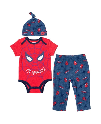 Marvel Baby Boys Avengers Hulk Captain America Spider-Man Bodysuit Pants and Hat 3 Piece Outfit Set Newborn to