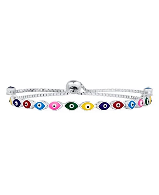 Bling Jewelry Colorful Eye Shape Spiritual Protection Thin Layering Multi Color Evil Eye Bolo Slide Style Bracelet .925 Sterling Silver Adjustable