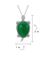 Bling Jewelry Large Nautical Tropical Beach Vacation Green Natural Jade Sea Turtle Pendant Statement Necklace For Women Sterling Silver Oxidized