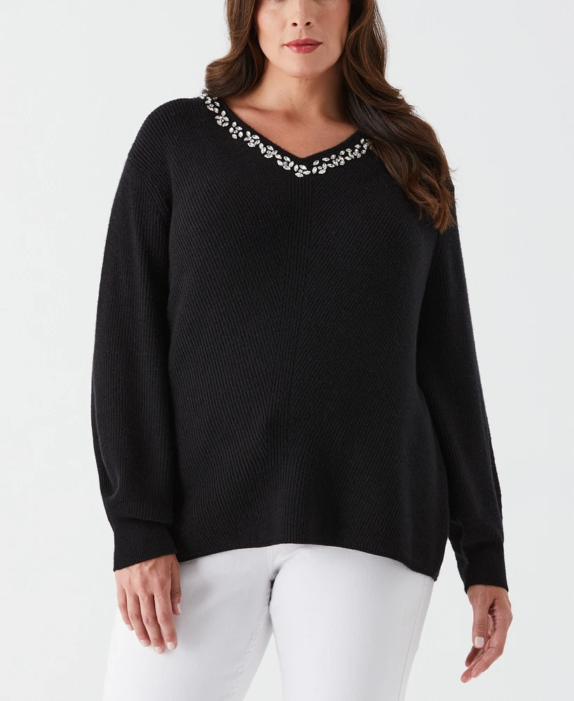 Ella Rafaella Plus Size Embellished V-Neck Long Sleeve Sweater