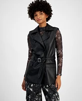 Bar Iii Petite Faux-Leather Notched Collar Belted Vest, Created for Macy's