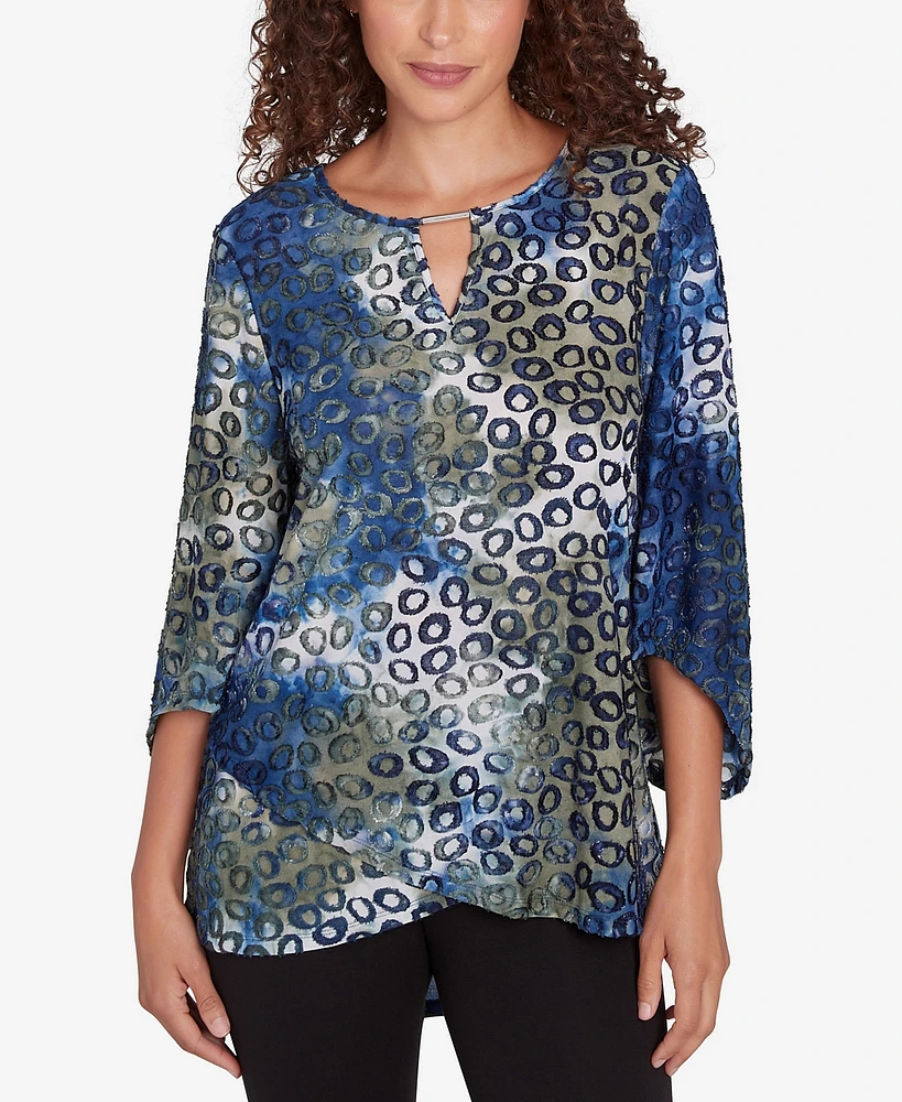 Ruby Rd. Petite Scoop Neck with Bar Detail Tie Dyed Spots Jacquard Knit Top