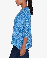 Ruby Rd. Petite Ring Neck Medallion Puff Printed Knit Top with Asymmetric Hem