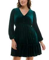 Taylor Plus V-Neck Long-Sleeve Smocked-Waist Velvet Dress