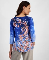 Jm Collection Petite Floral-Print 3/4-Sleeve Top, Created for Macy's