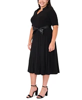 Msk Plus Belted Fold-Collar Split-Neck Dress