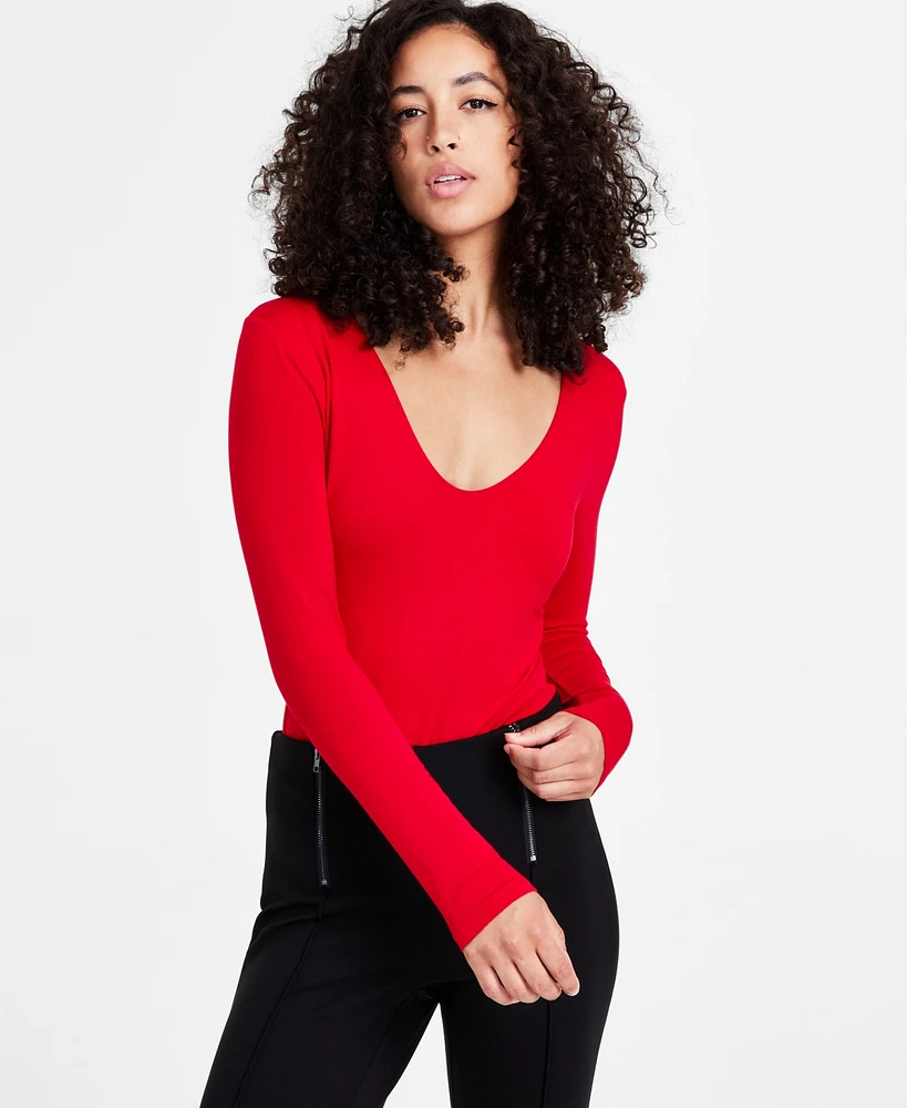 Bar Iii Women's V-Neck Long-Sleeve Everyday Contour Bodysuit, Created for Macy's