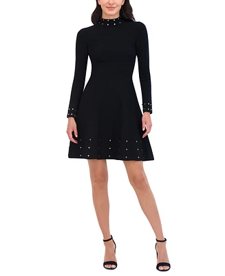 Vince Camuto Petite Mock-Neck Embellished Fit & Flare Dress