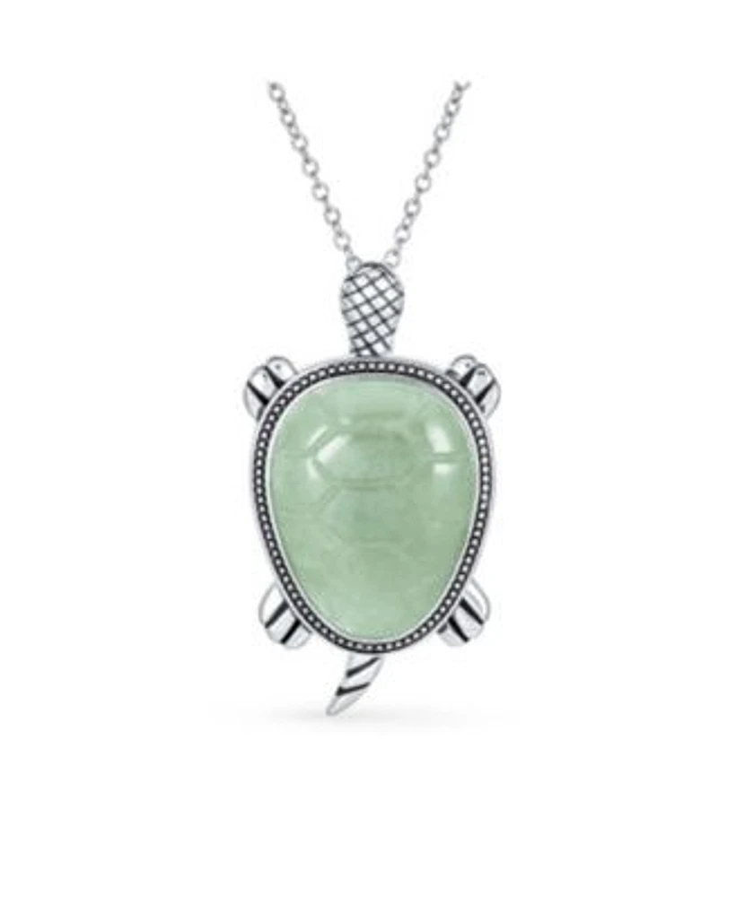 Bling Jewelry Large Nautical Tropical Beach Vacation Light Green Natural Jade Sea Turtle Pendant Statement Necklace Sterling Silver Oxidized