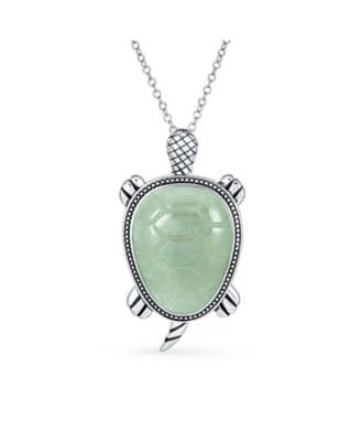 Bling Jewelry Large Nautical Tropical Beach Vacation Light Green Natural Jade Sea Turtle Pendant Statement Necklace Sterling Silver Oxidized
