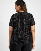 Anne Klein Plus Sequinned Mesh-Trim Short-Sleeve Top