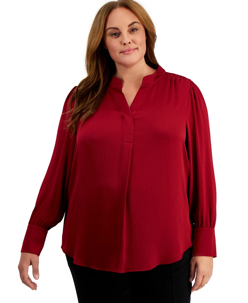 Anne Klein Plus Size Pleat-Front Long-Sleeve Top