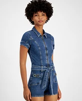 Guess Women's Deana Short-Sleeve Tie-Waist Denim Romper