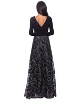 Xscape Women's Long-Sleeve Brocade-Skirt Gown