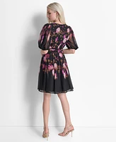 Dkny Women's Floral Tie-Waist Balloon-Sleeve Dress