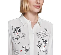 Karl Lagerfeld Paris Petite Beaded Printed Shirt