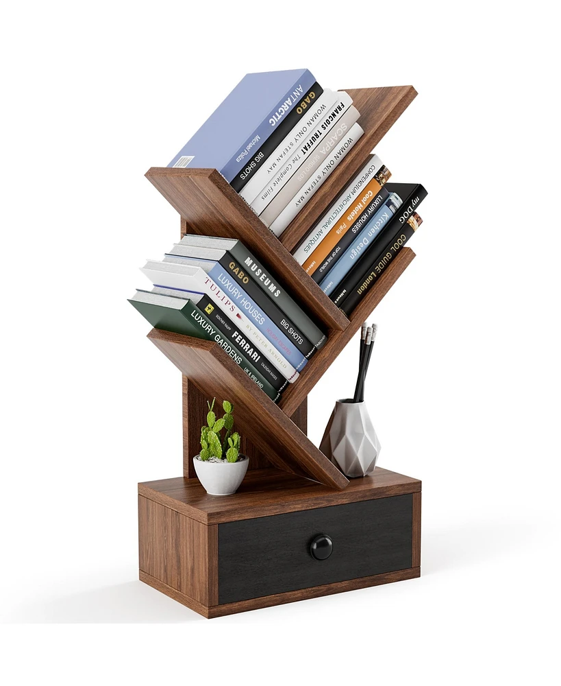 Gymax 5-Tier Tree Bookshelf w/ Wooden Drawer Display Storage Organizer Rack Brown