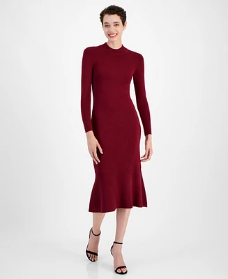 T Tahari Women's Mock-Neck Peplum-Hem Long-Sleeve Dress