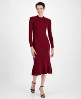 T Tahari Women's Mock-Neck Peplum-Hem Long-Sleeve Dress