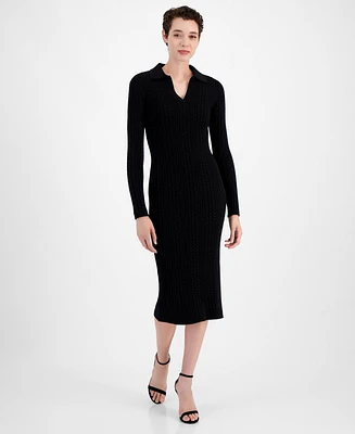 T Tahari Women's Cable-Knit Spread-Collar Bodycon Dress