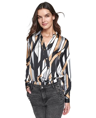 Karl Lagerfeld Paris Women's Geo-Printed Faux-Wrap Satin Top