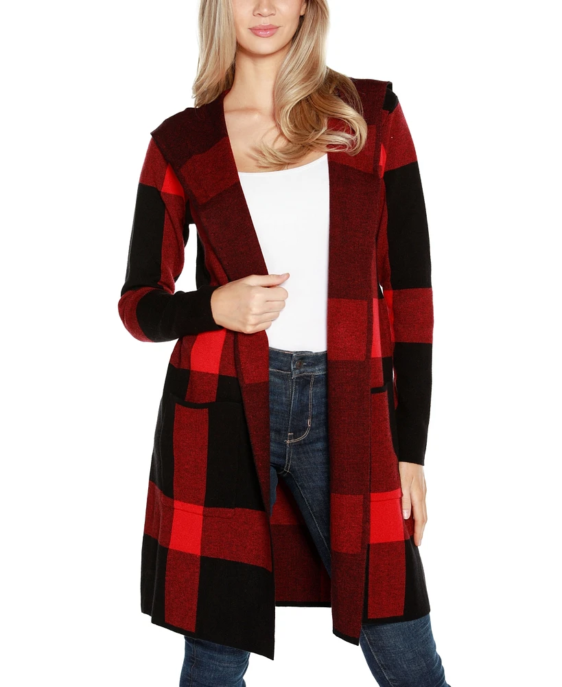 Belldini Women's Hooded Exploded Plaid Coatigan Sweater