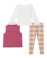 Kids Headquarters Baby Girl Sherpa Trim Vest Plaid Legging Set, 3-Piece Set