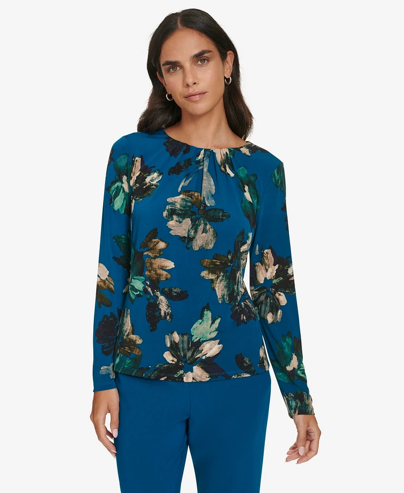 Calvin Klein Petite Printed Pleat-Neck Long-Sleeve Top