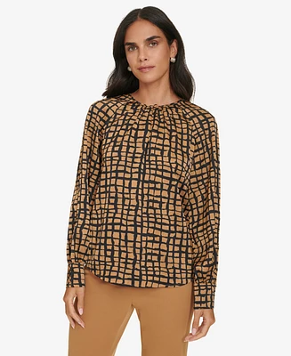 Calvin Klein Women's Printed Long-Sleeve Keyhole Blouse