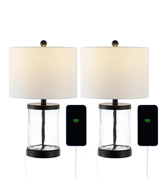 Jonathan Y Alexander 21" Modern Designer Iron/Water Glass Led Table Lamp with Usb Charging Port, Black/Clear (Set of 2)