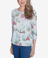 Alfred Dunner Petite Classics Triple Notch Neck Deer Village Top