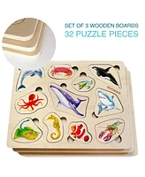 Quokka 3xSET Wooden Montessori Puzzles for Toddlers 1-3 – Learning Realistic Animals