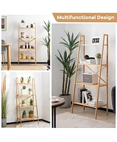 Gymax 4-Tier Bamboo Ladder Bookshelf 58'' Display Shelf Storage Rack Plant Flower Stand
