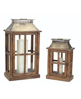 Slickblue Set of 2 Rustic Wood Floor Lanterns with Galvanized Metal Lids