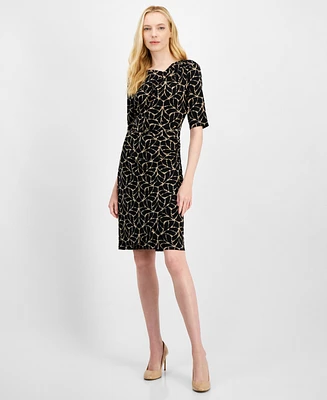 Connected Women's Printed Asymmetric Elbow-Sleeve Sheath Dress