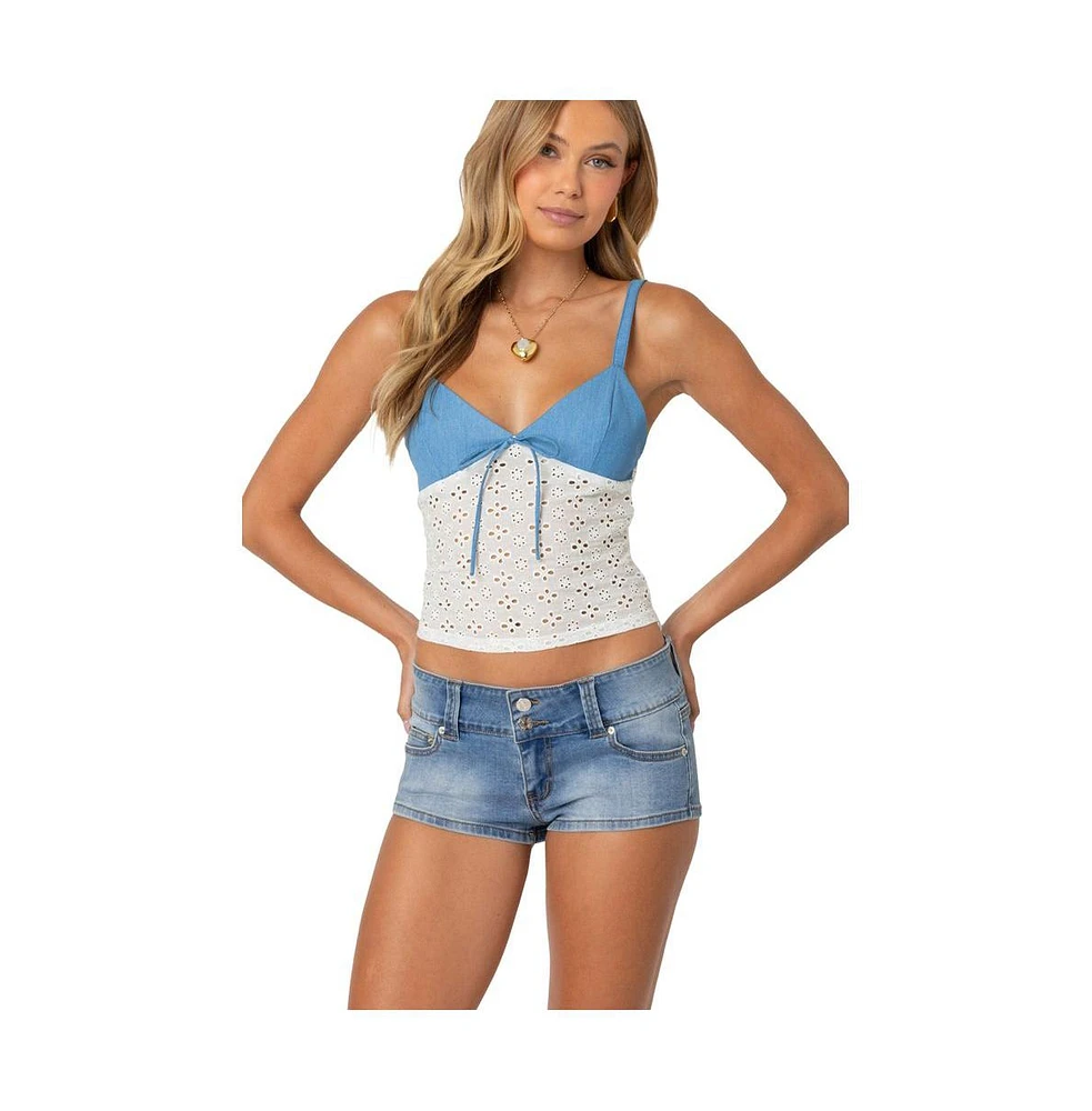 Edikted Women's Denim & Eyelet Tank Top - Blue-and