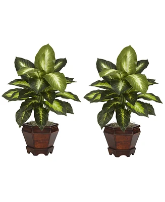 Slickblue Silk Golden Dieffenbachia Plant in Wood Vase for Natural Home Decor (Set of 2)