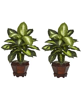 Slickblue Silk Golden Dieffenbachia Plant in Wood Vase for Natural Home Decor (Set of 2)