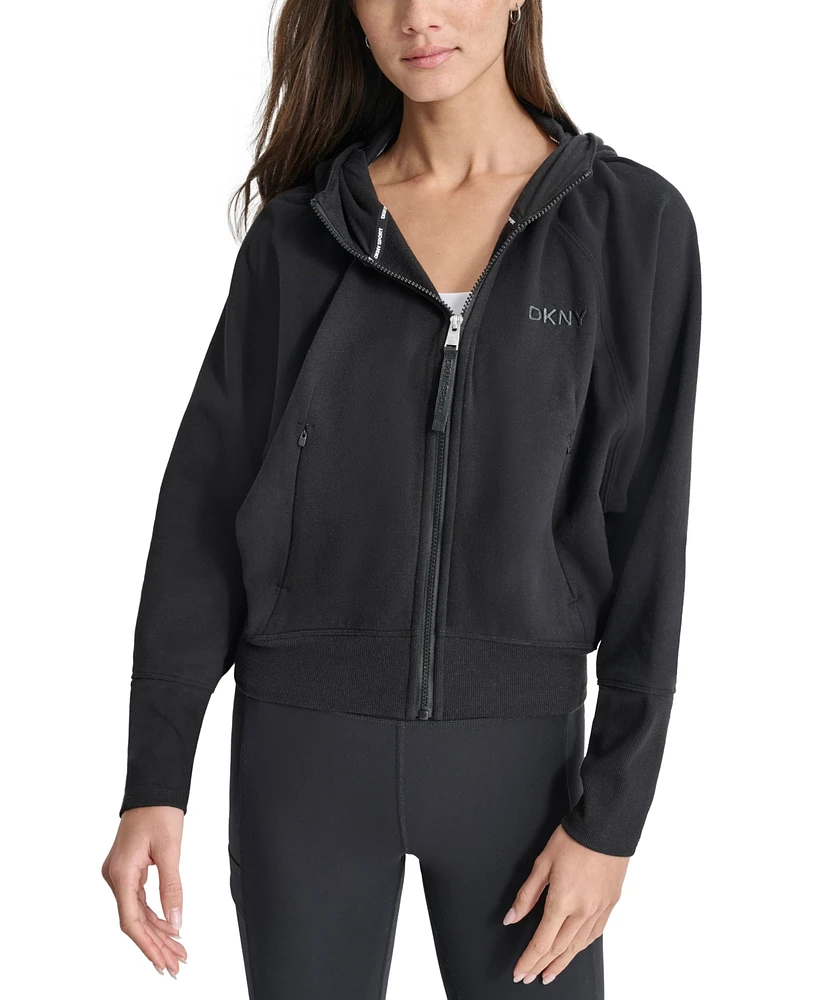 Dkny Women's Embroidered-Logo Cropped Zip-Front Fleece Hoodie