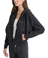 Dkny Women's Embroidered-Logo Cropped Zip-Front Fleece Hoodie