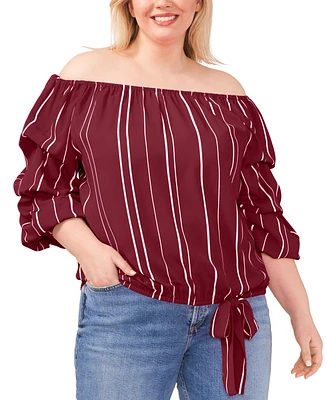 Vince Camuto Plus Striped Off The Shoulder Bubble Sleeve Tie Front Blouse