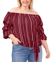 Vince Camuto Plus Striped Off The Shoulder Bubble Sleeve Tie Front Blouse