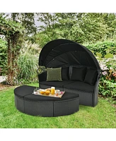 Sugift Clamshell Patio Round Daybed Wicker with Retractable Canopy and Pillows