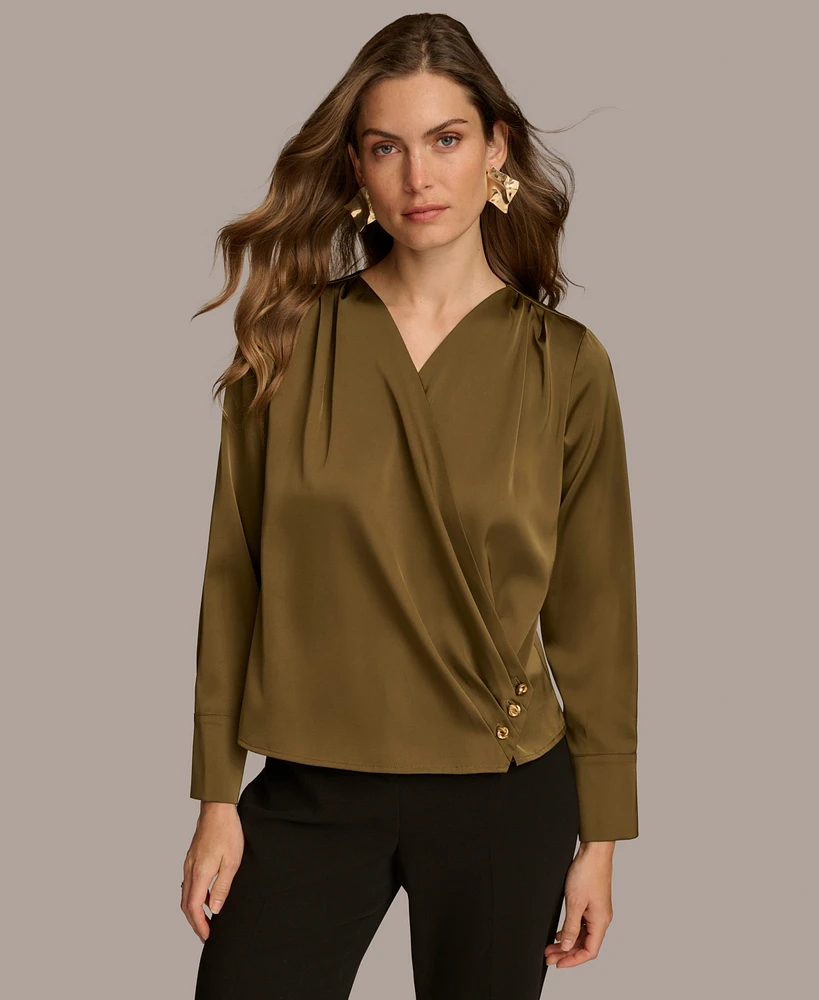 Donna Karan New York Women's Long Sleeve Faux-Wrap Satin Blouse